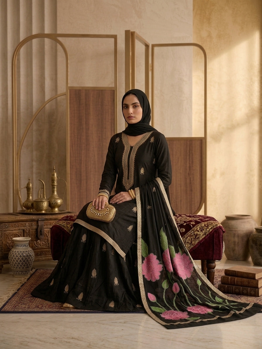 Gulposh (گُل پوش) – Black Sharara Set